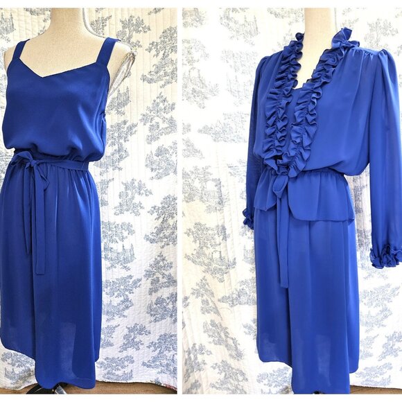 Vintage Dresses & Skirts - Size S - M Vintage 1970s Silhouettes Dress And Ruffled Jacket